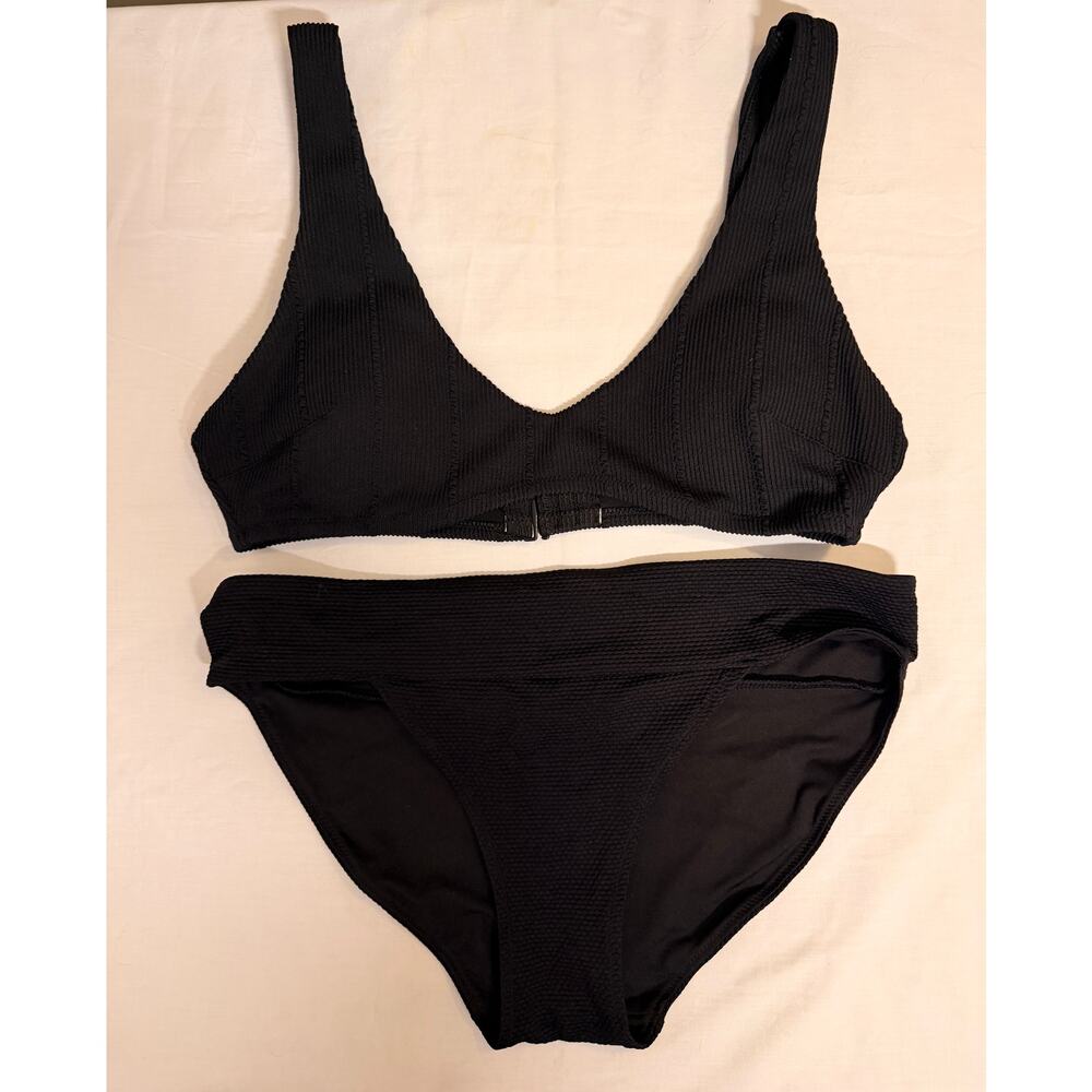 Aerie Black Crinkle Ribbed Bikini Set - Scoop Top & Full Bottoms Size Medium